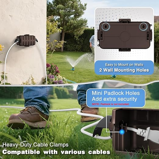 FLEMOON [2 Pack] IP55 Outdoor Electrical Box Waterproof with Detachable Awning Covers, 8.3 x 4.1 x 3.7 inch Weatherproof Extension Cord Cover, Easy Installation for Outdoor Plug, String Lights, Brown