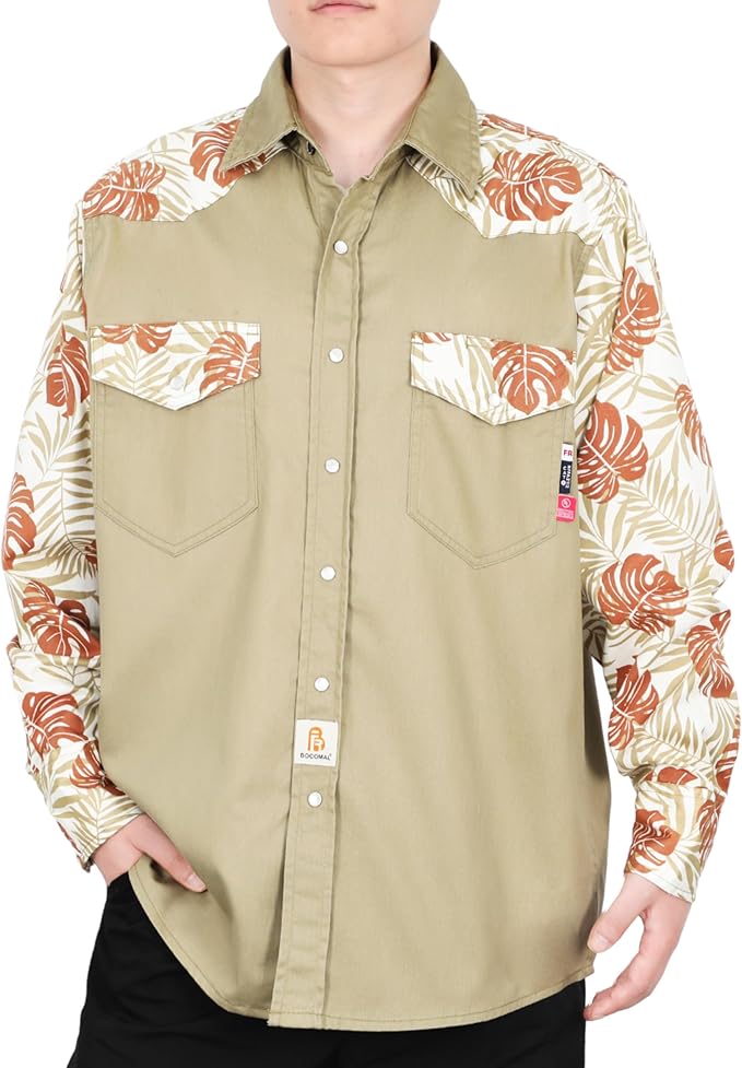 BOCOMAL FR Shirts Pearl Snaps Two Tone Plaid/Solid Flame Resistant Cotton Welding Shirt NFPA 2112 CAT 2