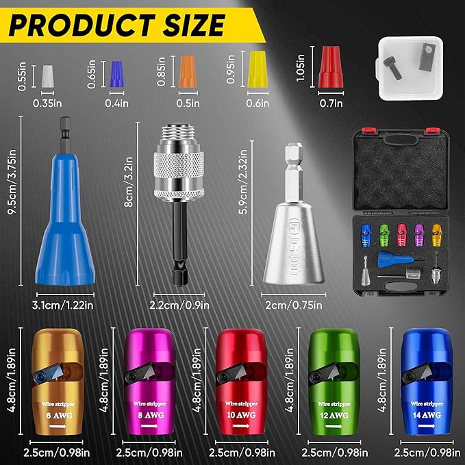 US Regulations Wire Stripping for Drill, Wire Stripping Tool & Wire Twisting Connector Set, Wire Twister Tool for Drill, 8 in 1 Quickly Drill Wire Stripping Professional Electrician Tools Set（8pcs）