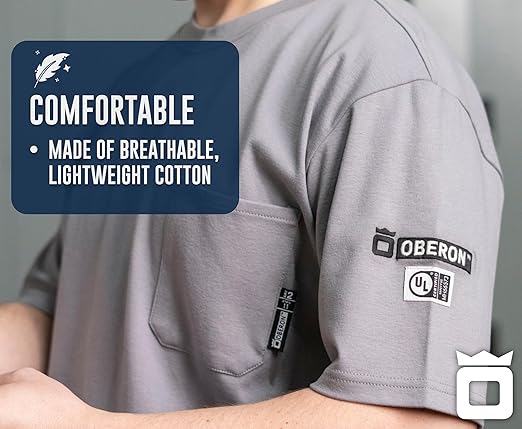 Oberon FR Arc Rated Safety Shirt For Men - Flame Resistant Cotton T-shirt - 11 Cal - Chest Pocket - Navy Blue, Gray