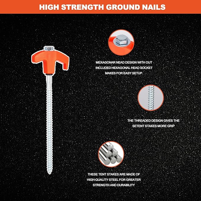 20 Pack Screw in Tent Stakes Heavy Duty,8 ’’ Ground Anchors Screw in,Metal Stakes with Hex Head Driver and Sturdy Storage Box. (20, Orange)