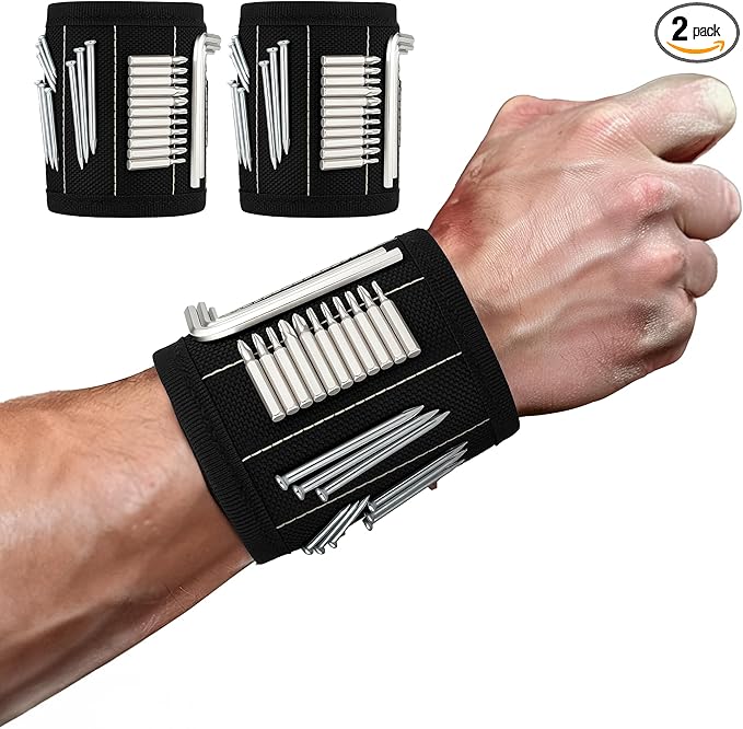 2PC Magnetic Wristband, 5-Row Strong Magnets for Holding Screws, Nails, Drill Bits, Tools Organizer for Craftsmen, Construction, Great Gift for Dad, Men (Black)