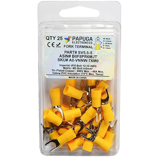 PAPUGA 25PCS 12-10 AWG (4-6 mm2) #10 / M5 Insulated Fork Spade Crimp Connector, 600V 48A, CE RoHS Power Lug for Inverter Solar & Marine Wiring, Automotive & Marine