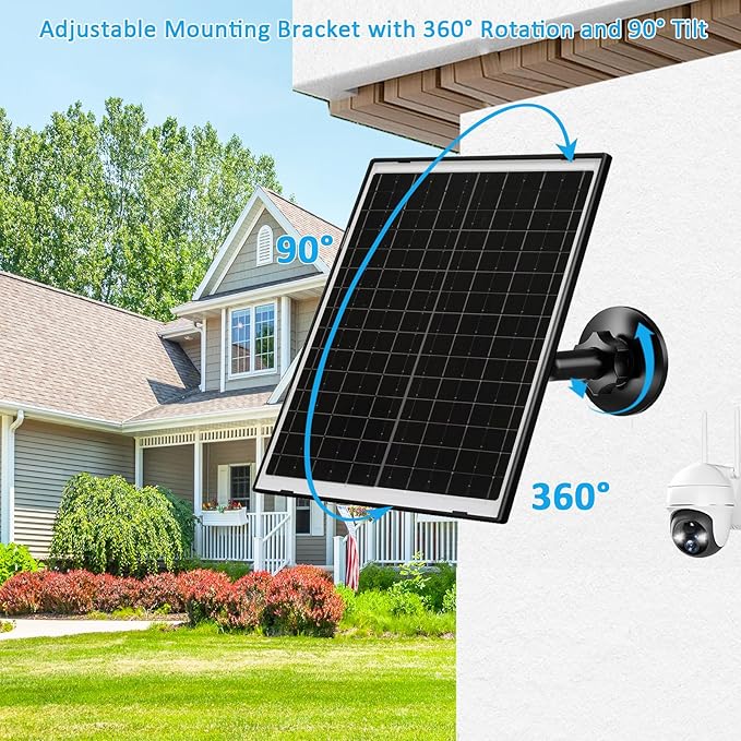 Zivif 10W USB-C Solar Charger with Glass Panel, USB Solar Panel for Security Cameras, with DC 5.5x2.1mm & Micro USB Port, IP66 Waterproof with Adjustable Mount & 7.2FT Cable