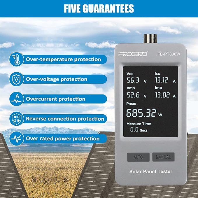 FrogBro 800W Solar Panel Tester – PV Multimeter with Smart MPPT & HD OLED Display for Solar Panel Diagnostics and Data Analysis