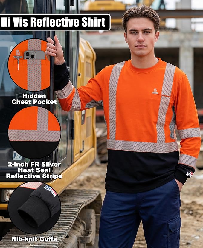 BOCOMAL Reflective FR Shirts High Visibility Summer Vented Mesh Long Sleeve Crewneck Lightweight Flame Resistant Workwear