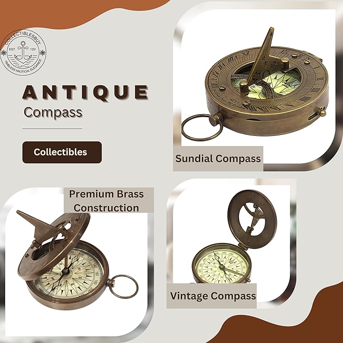 Vintage Navigational Compass Functional Tool Home & Table Decor Nautical Sundial Compass Round Brass Finish