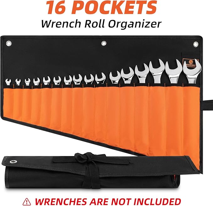 Wrench Roll Organizer 16 Pockets, Wrench Pouch Roll Up with Water Proof Oxford Cloth, Tool Roll Bag for Wrenches Organization, Black and Orange