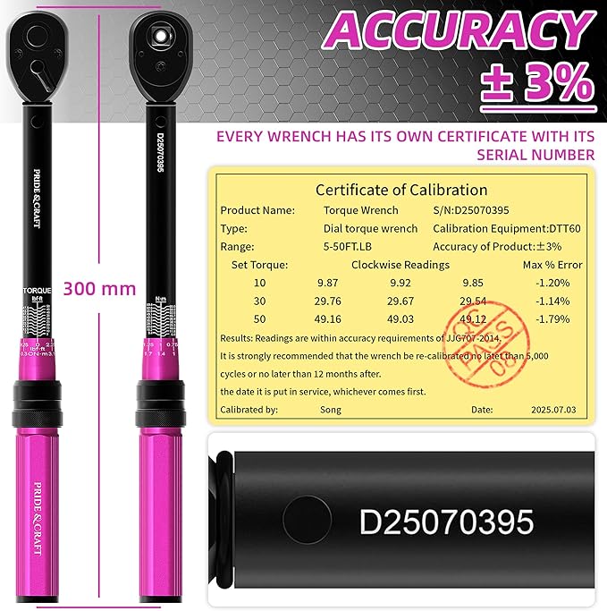 PRIDE&CRAFT 3/8 Inch Drive Click Torque Wrench, 3% High Precision Adjustable Dual Direction, 72-Tooth, 5-50 lbf.ft/6.8-68 Nm Torque Wrench for Bike, Motorcycle and Car Repair, Pink Black
