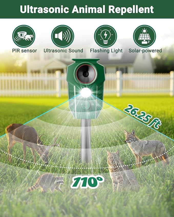 Solar Ultrasonic Animal Repellent Outdoor - Deer Repellent Devices with Motion Sensor & Flashing Lights, Waterproof Deterrent for Yard Garden to Repel Cats, Squirrels, Raccoons