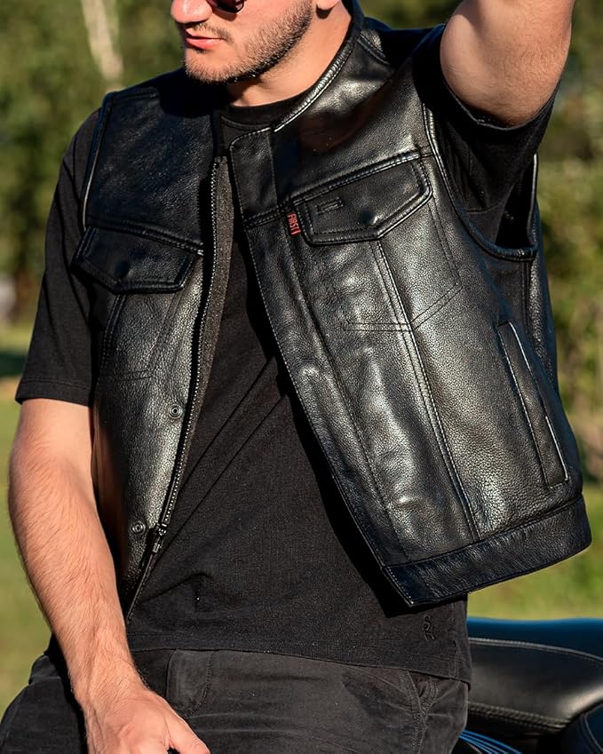 First Mfg Co - Lowside - Mens Motorcycle Biker Riding Canvas, Leather, Twill, Perforated Leather Vest