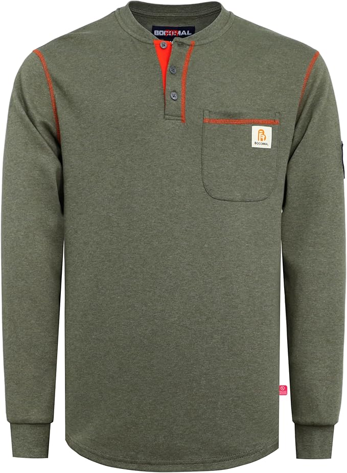 BOCOMAL FR Shirts Flame Resistant Henley Shirt NFPA2112/CAT2 7oz Men's Long Sleeve Fire Retardant Clothing