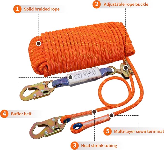 Fall Protection Safety Rope100ft Heavy Duty Vertical Roofing Rope Rope Grab Snap Hook Shock Absorber Fall Protection Line Kit Restraint System Roofing Safety Equipment (100FT)