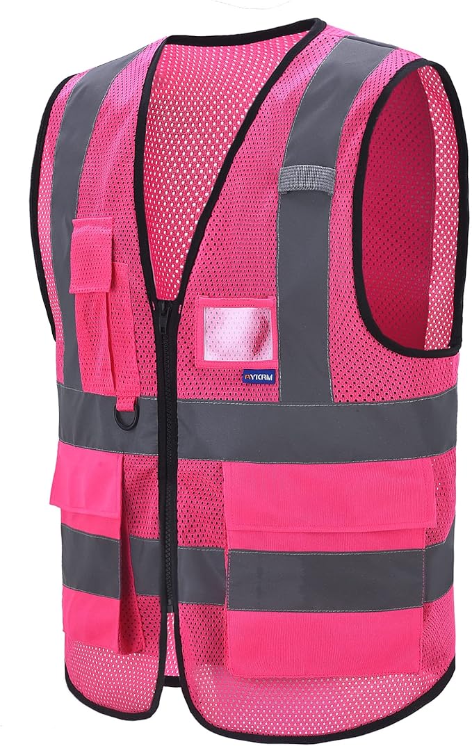 A-SAFETY High Visibility Mesh Safety Reflective Vest with Pockets and Zipper,Hi Viz Work Vest for Men Women (Pink Mesh M)