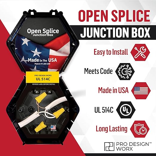 Open Splice Junction Box 25-Pack | UL 514C | One-Piece Polycarbonate Box, Code-Approved, Durable DIY Electrical Splice Enclosure in Black | Fast Installation for Safe Wiring Connections
