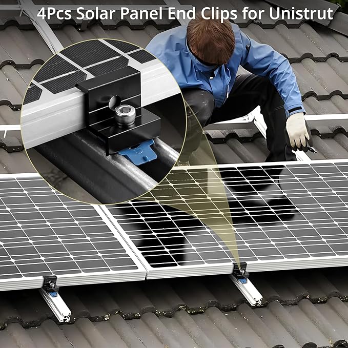 Anbte 4pcs Solar Panel End Clamp for Standard Unistrut, Aluminum 30mm/35mm Solar Panel Brackets with Nuts Bolts, Solar Panel Mounting Kit for Metal Roof, Tin Roof, Flat Roof, Sheet Roof, Black
