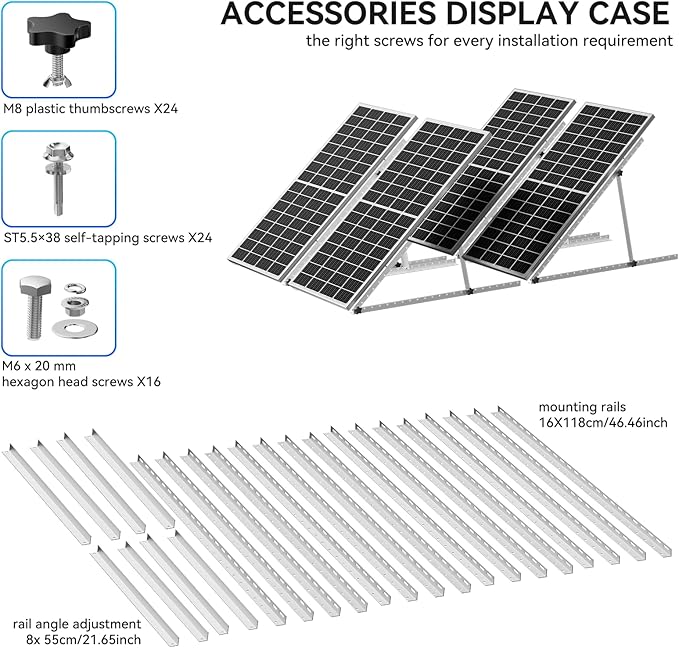 Upgraded 47in 4 Sets Adjustable Solar Panel Tilt Mount Brackets, Foldable Tilt Legs, Support 100 200 300 400 500 Watt Solar Panels 4-8Pcs, Solar Panel Stand for Roof, Off-Grid, RV and Boat