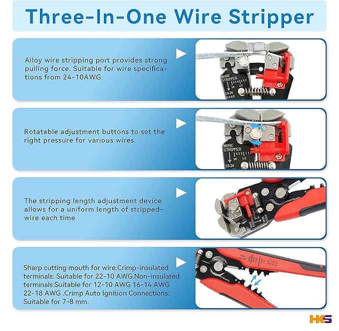 HKS Ratcheting Crimping Tool Set 9 PCS with Automatic Wire Stripper and Quick Exchange Jaw for Heat Shrink Terminals, Open Barrel, Solar Connector, Insulated and Non-Insulated Ferrules AWG 20-2