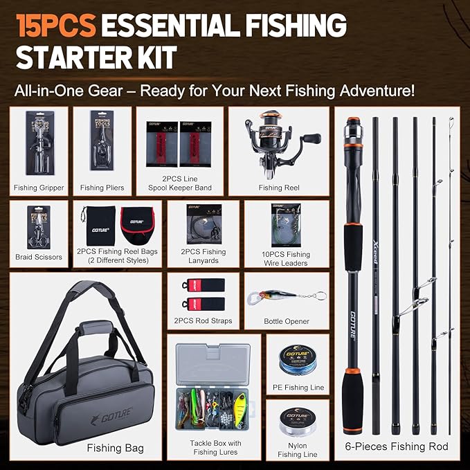 Goture Spinning Fishing Rod & Reel Combo with Carrier Bag,6.6-9FT,Spin Reels, Lures Kit, Pliers, Braided Line, Fish Gripper, Carbon Fiber Freshwater Fishing Rod Full Kit for Starter