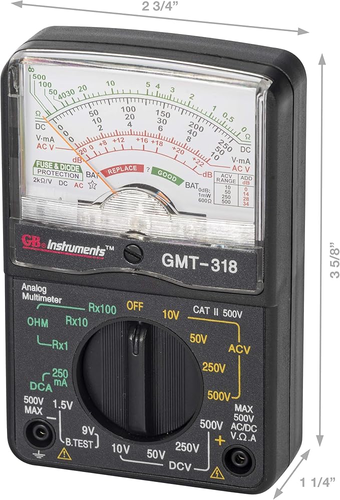 Gardner Bender GMT-318 Analog Multimeter, 6 Function, 14 Range, AC / DC Volt, 500V