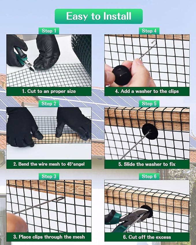 Solar Panel Bird Guard,6inx120ft Critter Guard for Solar Panels with 100pcs Fastener Clips,PVC Coated Galvanized Pigeon Solar Panel Mesh,Critter Guard with Plier,Gloves for Bird Proofing