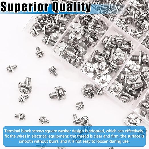 mxuteuk 215PCS Terminal Block Screws Kit,M3 M3.5 M4 M5 Terminal Screws,Nickel-Plated with Square Washers for Switch Plates,Electrical Panels and Terminal Blocks