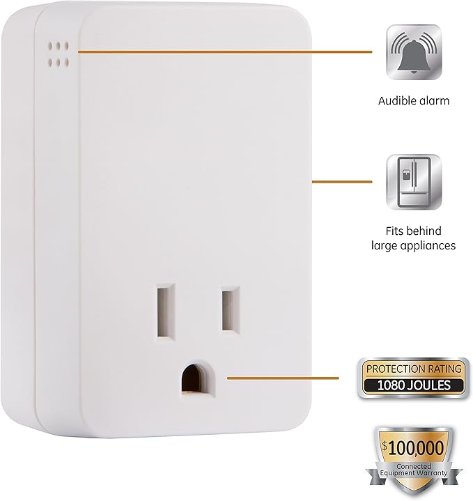 GE UltraPro Surge Protector Plug with Alarm, Outlet Extender, Plug Adapter, Appliance, Refrigerator, End of Service, 1080 Joules, Warranty, UL Listed, White, 38124