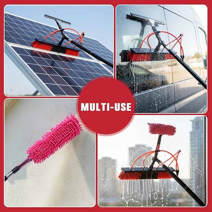 Water Fed Pole Brush Kit Height Adjustable Extendable Solar Panel Washing Tool with 180° Rotating Brushhead for Solar Panel Roof Car