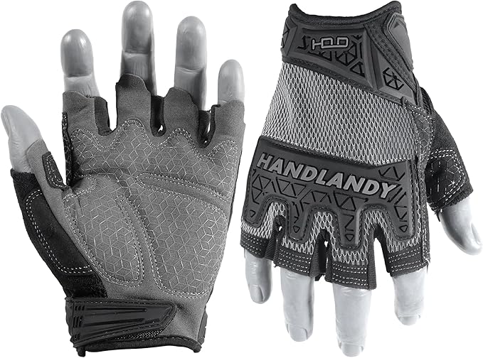 HANDLANDY Fingerless Work Gloves for Mens & Women, Uwrist Half Finger Shock-Absorbing Breathable Glove