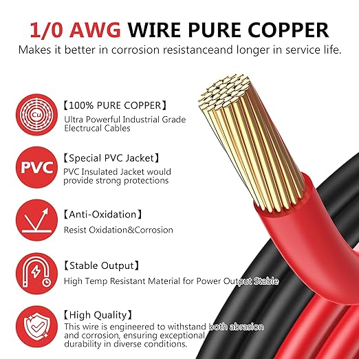 VOLTWORKS 1/0 AWG Gauge Red + Black Pure Copper Battery Inverter Cables Solar, RV, Car, Boat 6ft 3/8 in Lugs