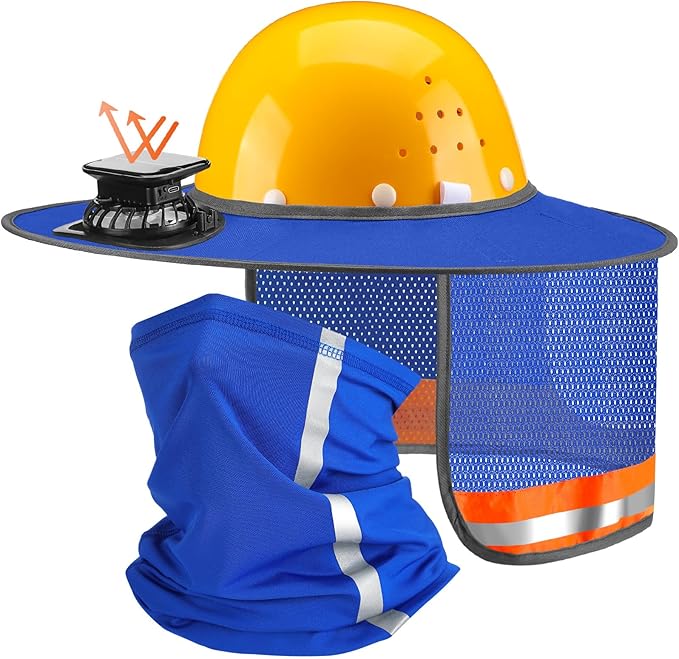 1 Set Sun Hard Hat with Solar Fan Shade Full Brim Hard Hat and Neck Sunshade Cover High Visibility Full Brim Mesh with Reflective Strip for Outdoor Summer Protection