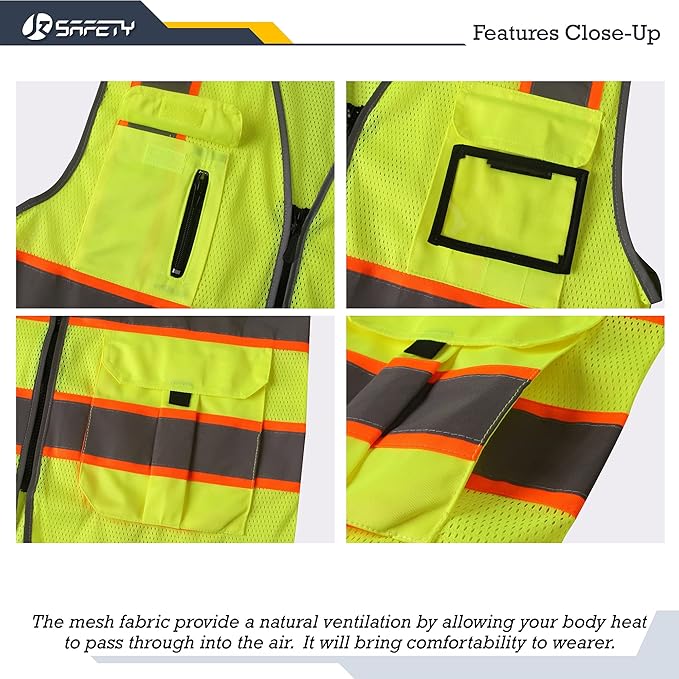JKSafety 9 Pockets Hi-Vis Mesh Safety Vest for men and women | Chaleco reflectante de seguridad | Zipper Front | Multiple Pockets | Class 2 (140-Yellow 3XL)