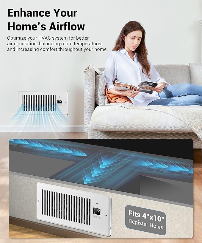 Window Register Booster Vent Fan For 4" x 10" Register Hole, Vent Booster Fan with LCD display & Thermostat,11-Speeds Household Ventilation Fans with Remote,Air Vents Fans Booster for Room, Home