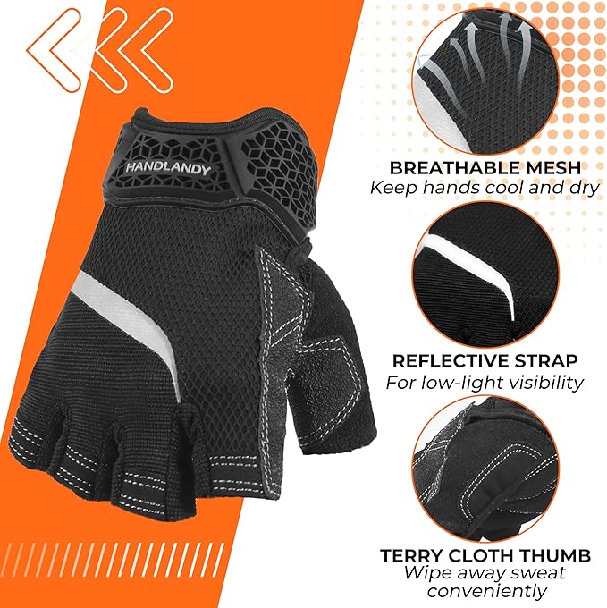 HANDLANDY Fingerless Work Gloves for Men, Half Finger Working Glove Grip Shock-Absorbing Breathable Uwrist TPR Anti-collision Gloves for Mens & Women (Black, M)