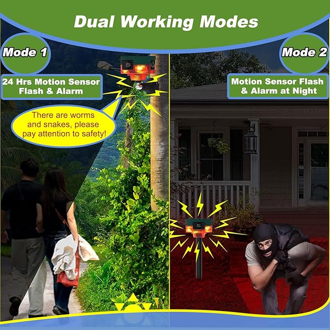 Solar Outdoor Motion Sensor Alarm, 13 Sounds & 360° Motion Detector Alarm Support Recording, 130db Loud Maker Dual Modes Strobe Light with Remote for Home and Farm