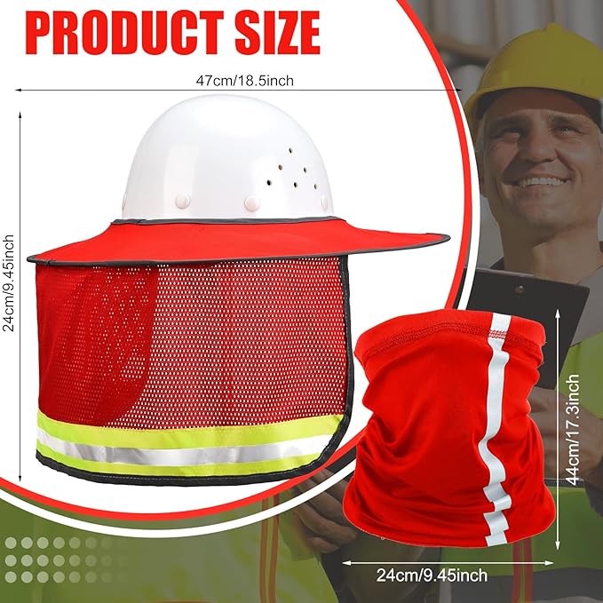 SATINIOR 2 Pcs Sun Hard Hat Neck Protection High Visibility Full Brim Mesh Sun Protection and Neck Gaiter Bandana Face Scarf for Construction Helmet Hard Hat Accessories, Reflective(Red)