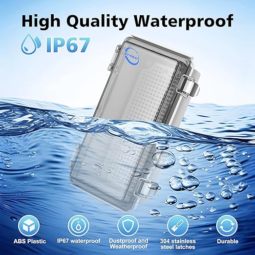 Waterproof Outdoor IP67 Junction Box (7.9"x3.9"x2.8") with Mounting Plate, Hinged Clear Cover and Wall Brackets - Weatherproof ABS Plastic Electrical Enclosure for DIY Projects (200x100x70mm)