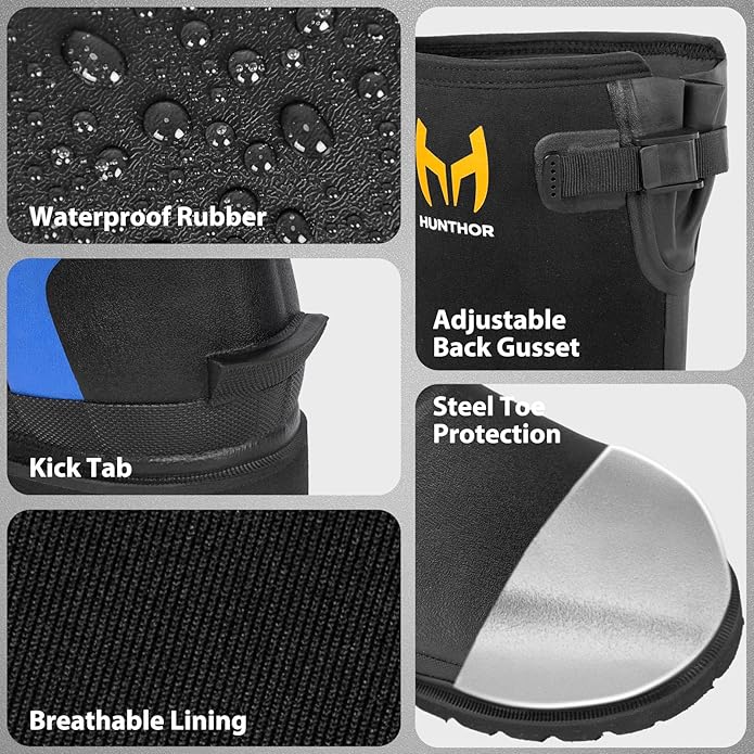 Rubber Work Boots, Puncture-Proof with Steel Toe & Shank, Lightweight Waterproof Anti Slip EVA Outsole Hunting Boots for Men, 6mm Neoprene for Construction, Manufacturing or Farming(Size 6-14)