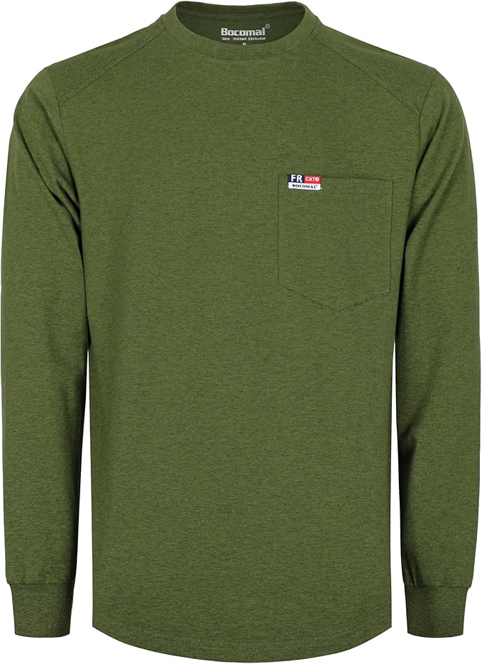 BOCOMAL Men's FR Shirts Long Sleeve Crewneck EX Soft Heather Series 6oz Midweight Flame Resistant Work T Shirt CAT2