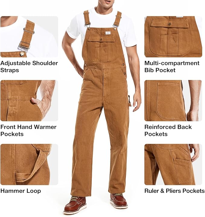 HISEA Men's Relaxed Fit Duck Bib Overall with Adjustable Straps and Convenient Tool Pockets