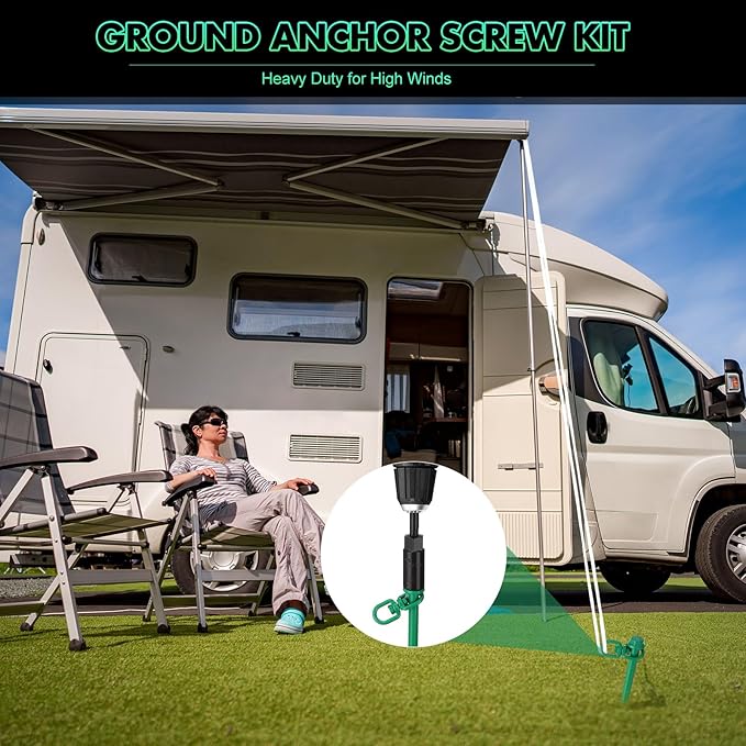 Hiboom 4 Pcs Ground Anchors with T Handle Hex Wrench Trampoline Hook, Ground Anchor Screw in Kit, Inflatable Outdoor Decorations Accessories for Camping Tents Car Ports Canopies (Green,12 Inch)