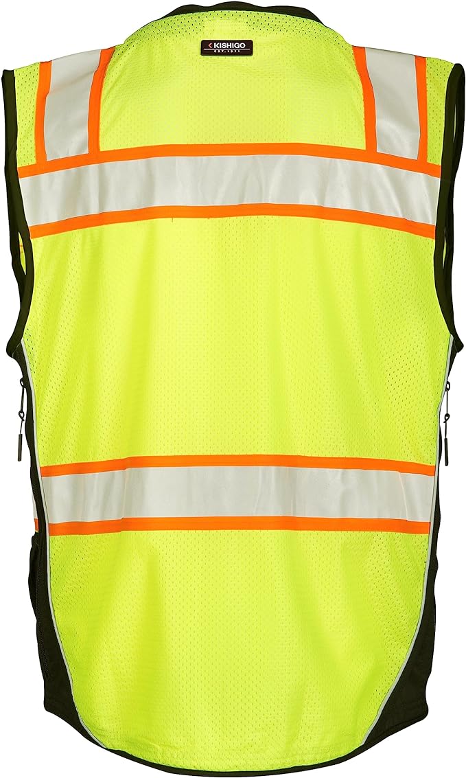 Kishigo Premium Black Series Men's Surveyors Vest S5002, Class 2 Hi-Vis, 10 Pockets, Zipper, Durable Webbing, ANSI/ISEA 107