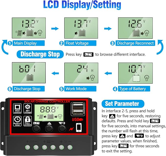 [Upgraded] 30A Solar Charge Controller, Black Solar Panel Battery Intelligent Regulator with Dual USB Port 12V/24V PWM Auto Paremeter Adjustable LCD Display (30a)