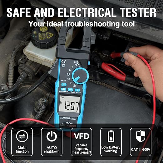 Digital Clamp Meter Multimeter - TEMIRUP Auto-ranging 6000 Counts Amp Voltage Tester with D-Shaped Jaw VFD Mode, Measuring NCV, AC/DC Voltage AC Current Temperature Capacitance Resistance Continuity