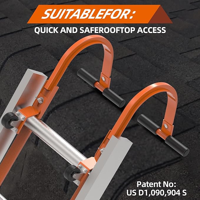 2 Pack Ladder Roof Hook with Wheel Heavy Duty Steel Ladder Stabilizer, Roof Ridge Extension, Rubber Grip T-Bar for Damage Prevention, 500 lbs Weight Ratin, Fast & Easy to Access Steep Roofs(Patent)