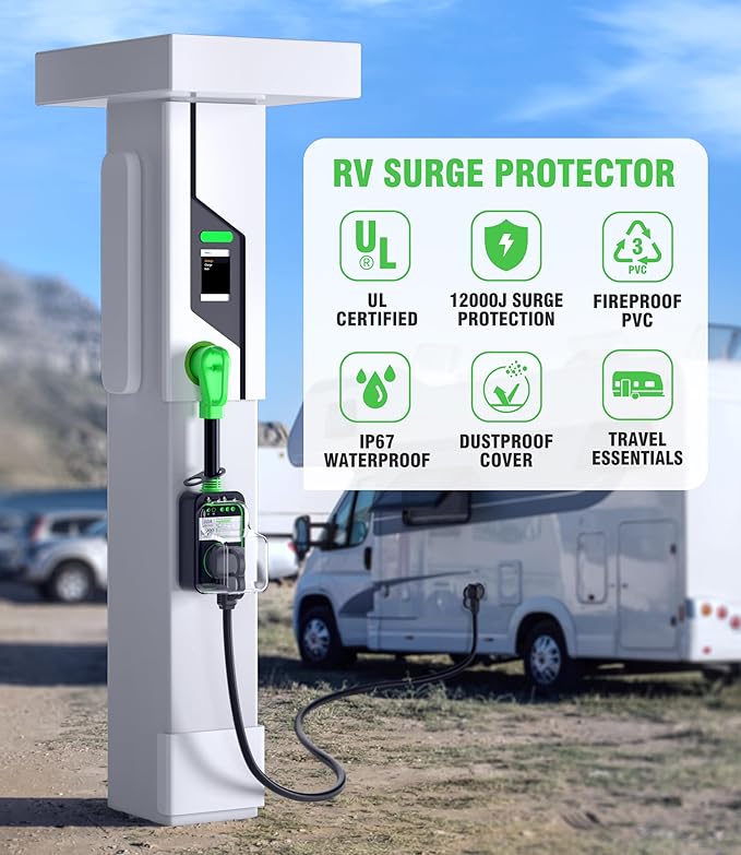 RV Surge Protector 50 Amp Waterproof, Upgraded 12000 Joules RV Power Protector （Safety-Certified）, RV Adapter Plug with Anti-Theft Cable Lock for Camper, Circuit Analyzer for Travel Trailers (Green)