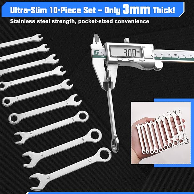 10Pcs Ultra-Thin Standard Metric 4mm-11mm Mini Wrench Set Stainless Steel Combination Wrenches Open End and Box End Combination Wrench Ignition Wrenches with Circle Ring,Gate Clip in Pouch