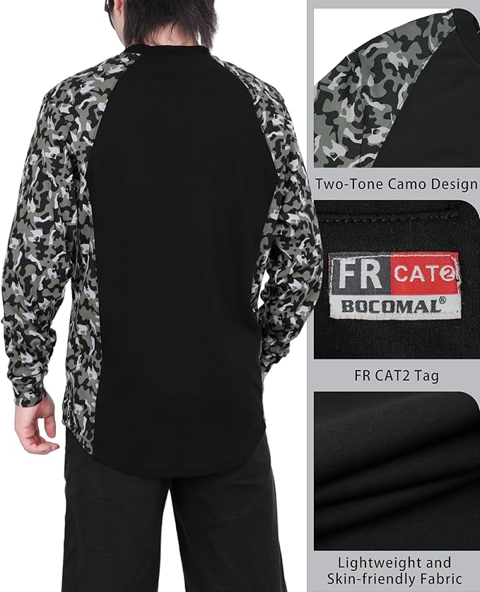 BOCOMAL FR Shirts Crewneck 5.5oz Lightweight Cotton Paisley Camo Two-Tone Flame Resistant Long Sleeve CAT2 Work Shirt