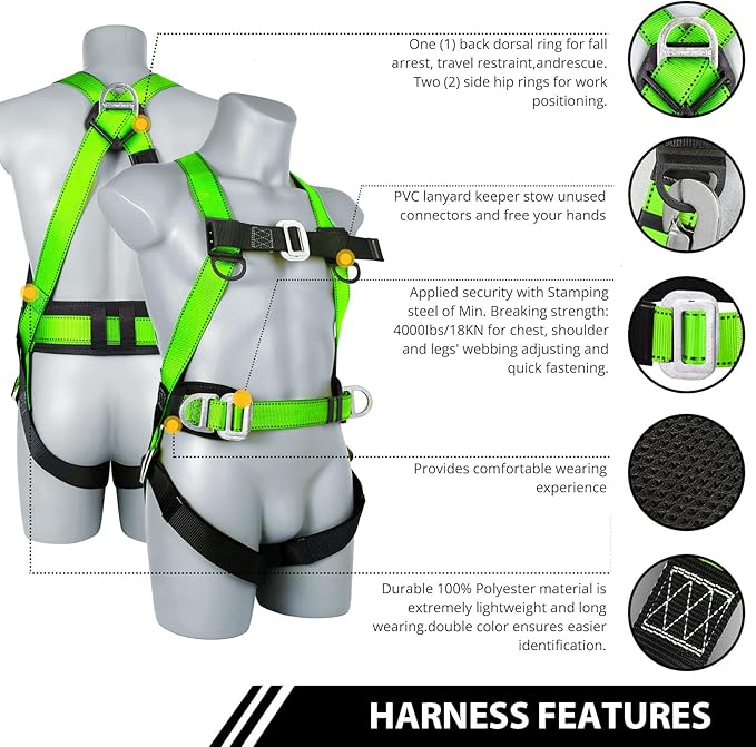Safety Harness Fall Protection Kit - Full Body Roofing harnesses with Shock Absorbing Lanyard Upgrade Paded
