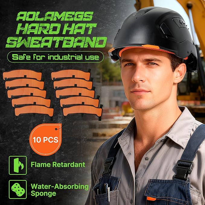 Aolamegs Hard Hat Sweatband - 10pcs Washable Hard Hat Sweat Bands,Flame Retardant Cotton Construction Hardhat Liners for Men,3-Layer Welding Helmet Sweatband,Hardhat Accessories for Welding Headgear